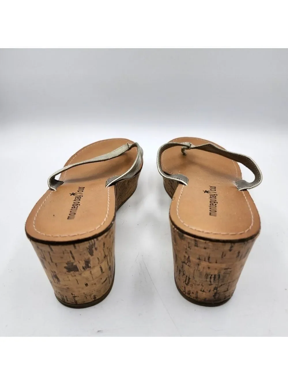 Montego Bay Club Metallic and Tan Cork Wedge Sandals Sz 9